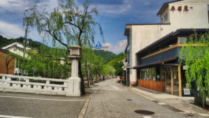 城崎温泉の北柳通と柳並木・太鼓橋