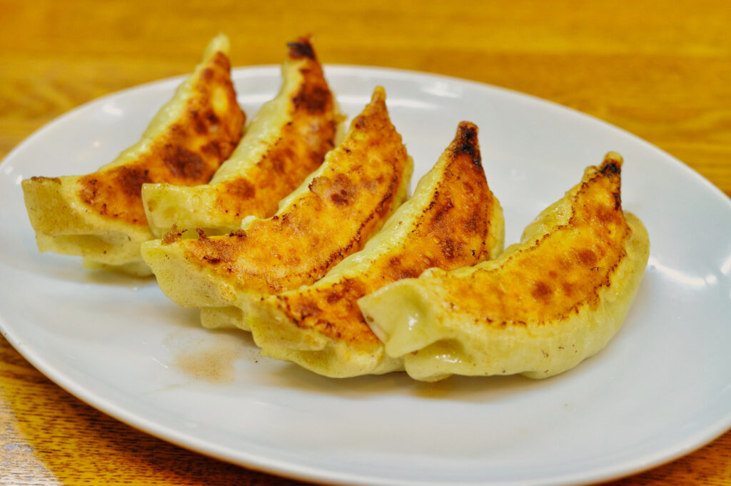 宇都宮で提供された焼き餃子5個を白い皿に盛った一例
