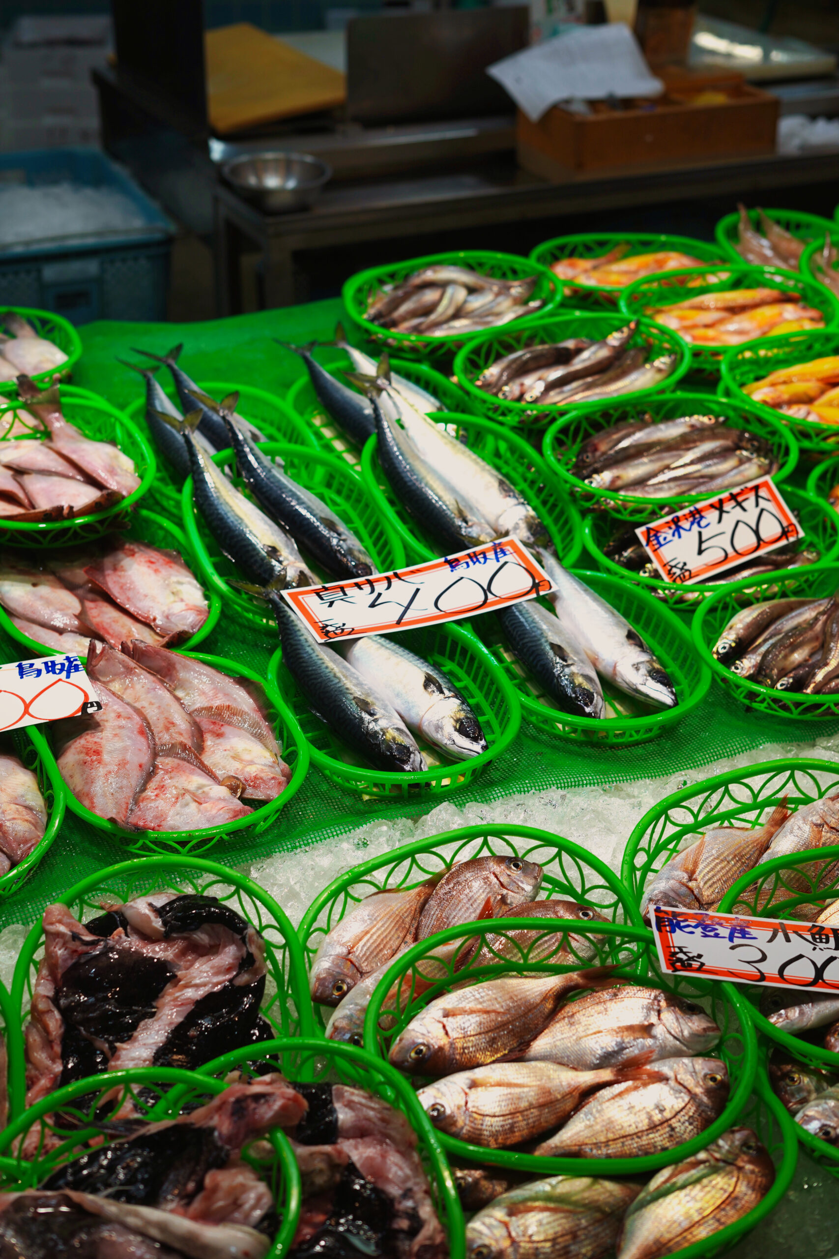 近江町市場の鮮魚店に並ぶ魚と撮影当時の値札（2023年3月撮影）