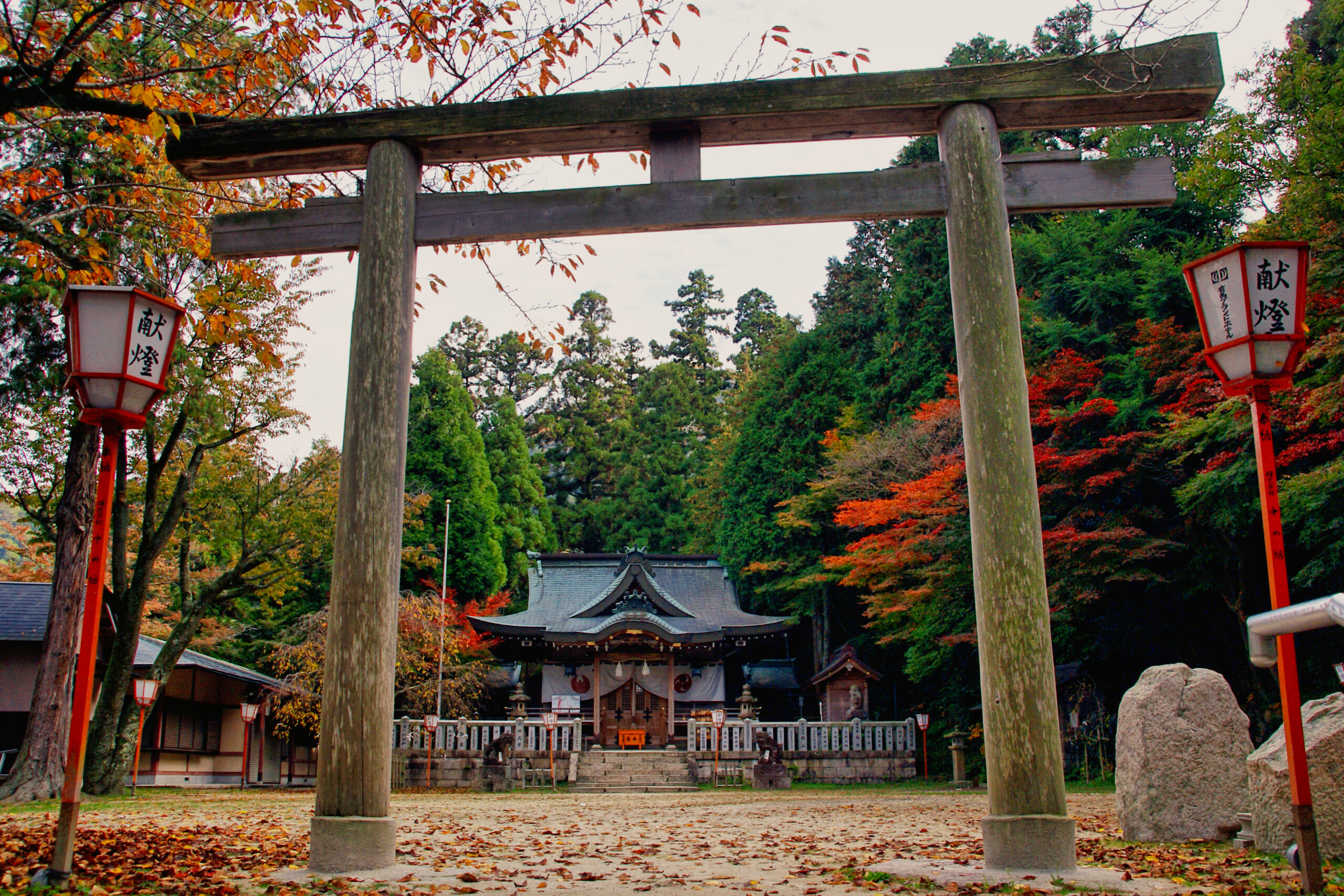 紅葉の中の有馬温泉・湯泉神社の鳥居と社殿