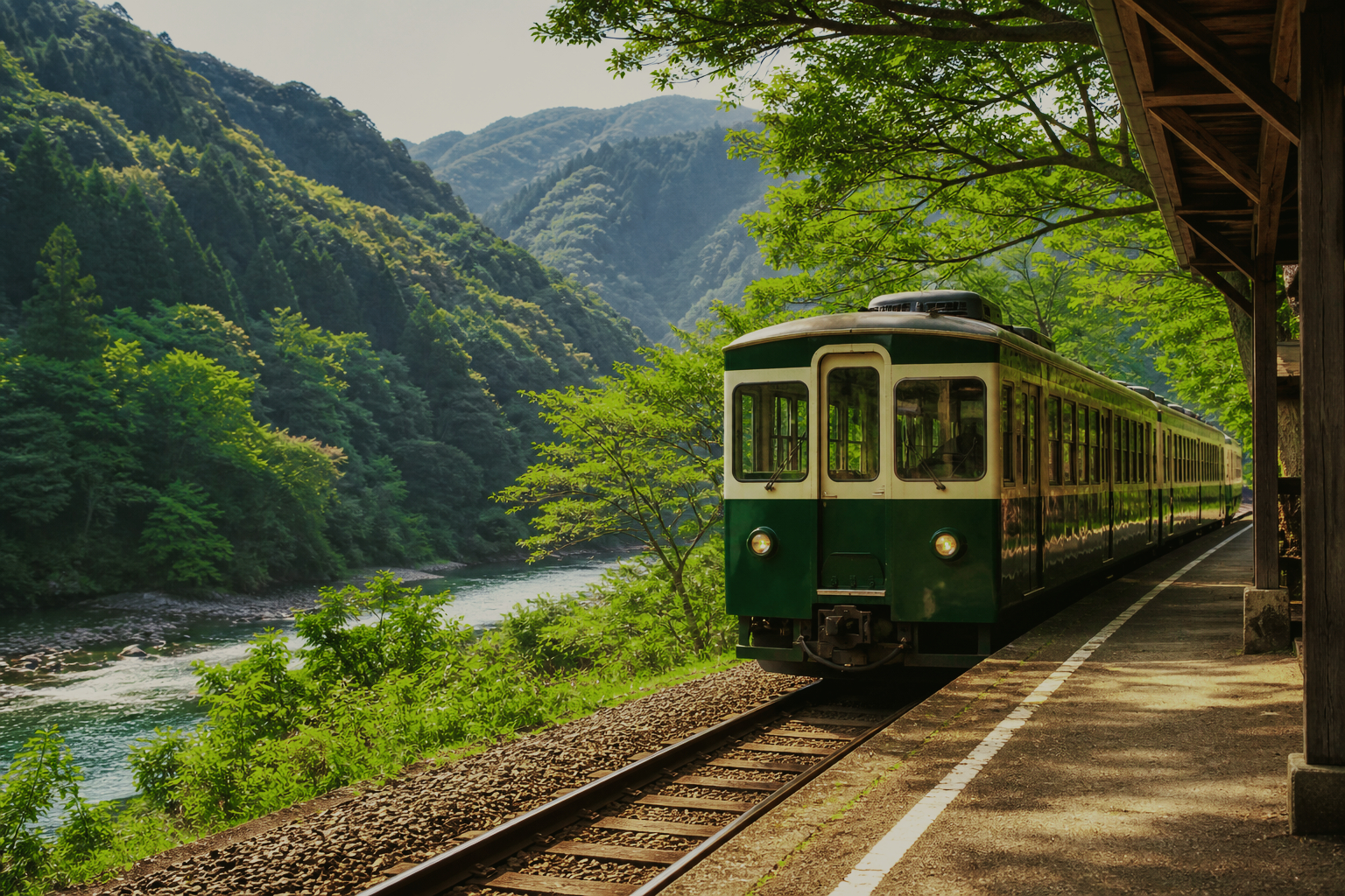 森林と川に囲まれた京都の谷でトロッコ列車の旅をイメージした編集用ビジュアル
